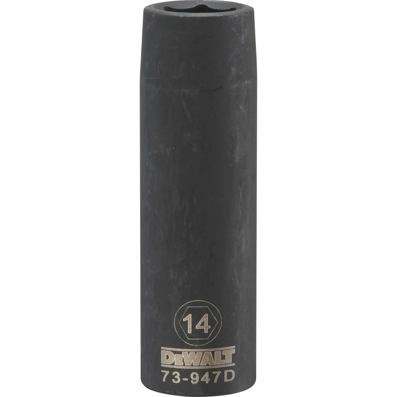 Impact socket 14 millimeter socket half in drive 6 point Cr 440 steel black oxide.
