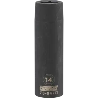 A DEWALT branded deep impact socket, marked with size 14 and model number 73-947D. The socket is made of dark, heavy-duty material and is cylindrical in shape.