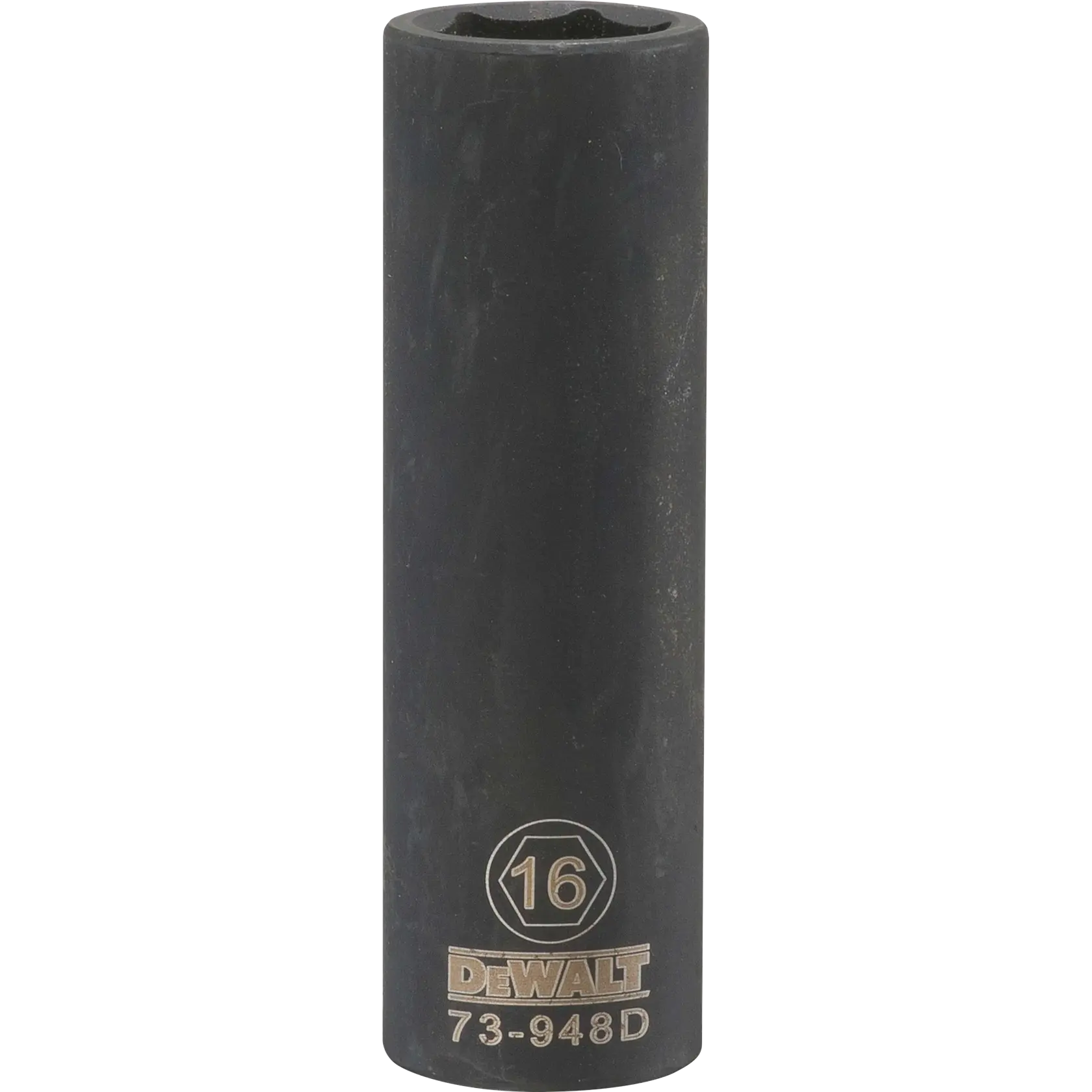 Impact socket 16 millimeter socket half in drive 6 point Cr 440 steel black oxide.