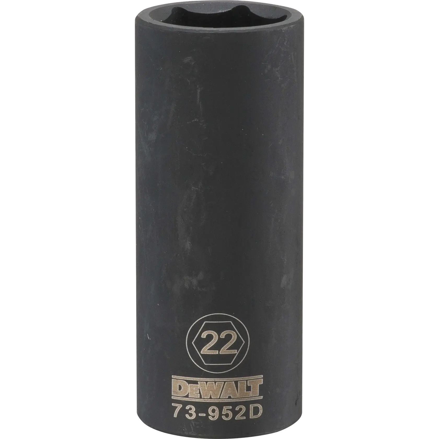 Impact socket 22 millimeter socket half in drive 6 point Cr 440 steel black oxide.