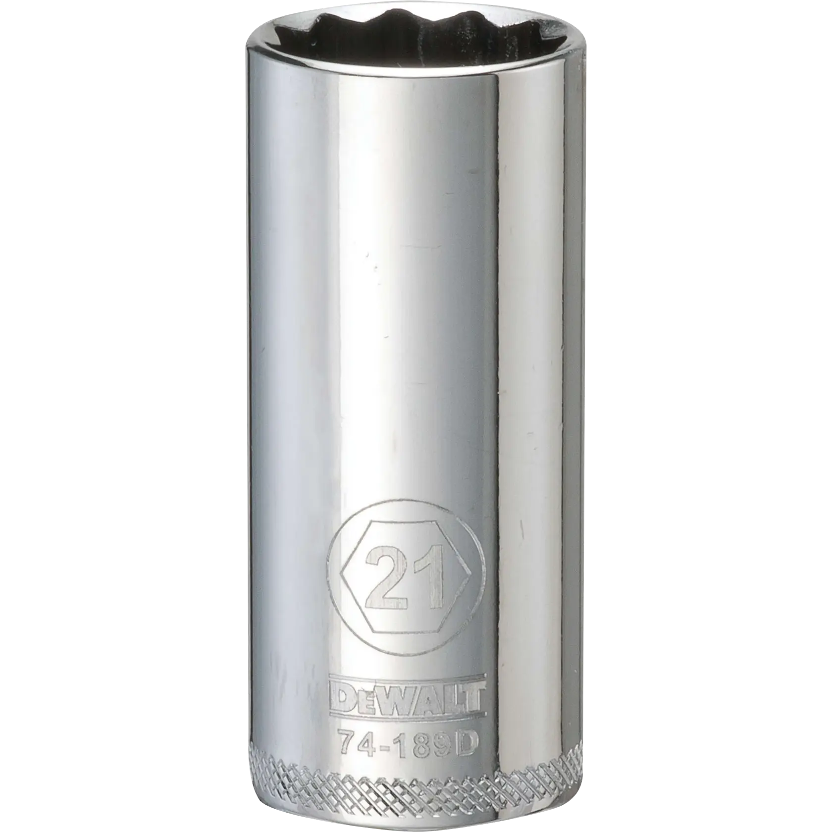 A close-up image of a DEWALT 21mm chrome deep socket for a ratchet wrench, with the size and brand engraved on the metal surface.