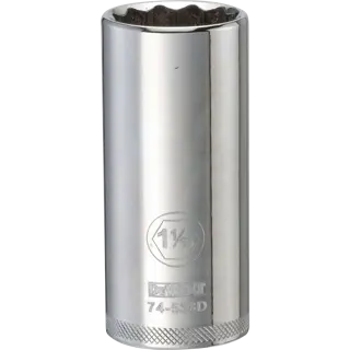 A DEWALT chrome finished deep socket with a 1-1/16 inch size marking and product code 74-538D engraved on it.