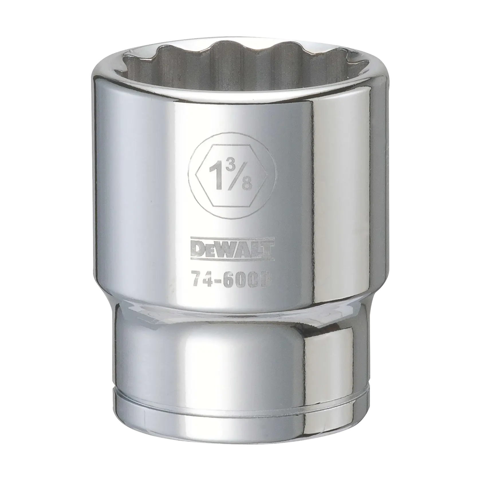 A shiny, chrome DEWALT socket with a 12-point opening. The size marking '1 3/8' is engraved on the side, along with the DEWALT brand name and the model number 74-600.