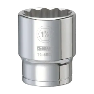 A shiny, chrome DEWALT socket with a 12-point opening. The size marking '1 3/8' is engraved on the side, along with the DEWALT brand name and the model number 74-600.