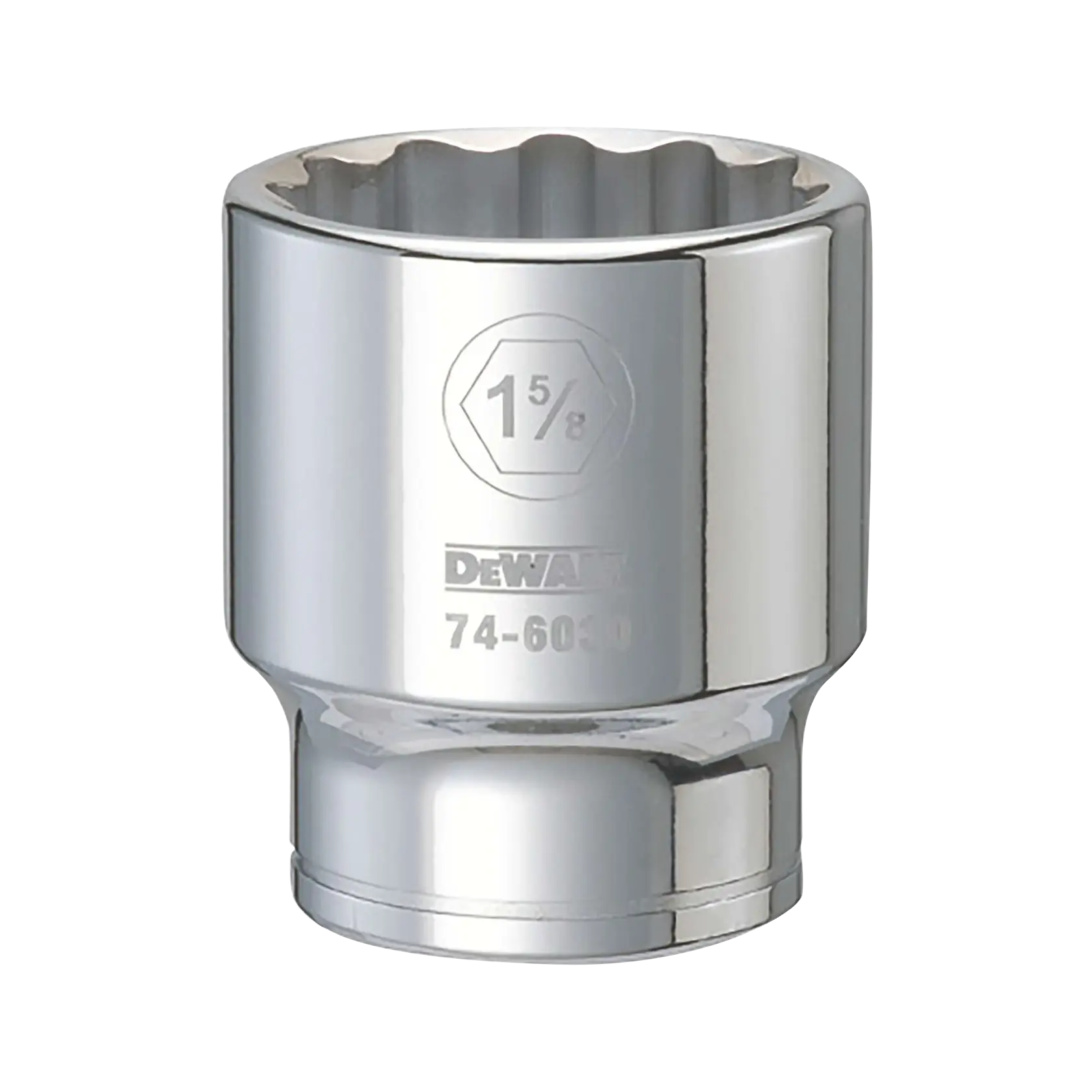 A close-up image of a shiny, metal socket tool with a twelve-point interior, marked with the size 1 5/8 inch, the DEWALT brand, and product code 74-6030.