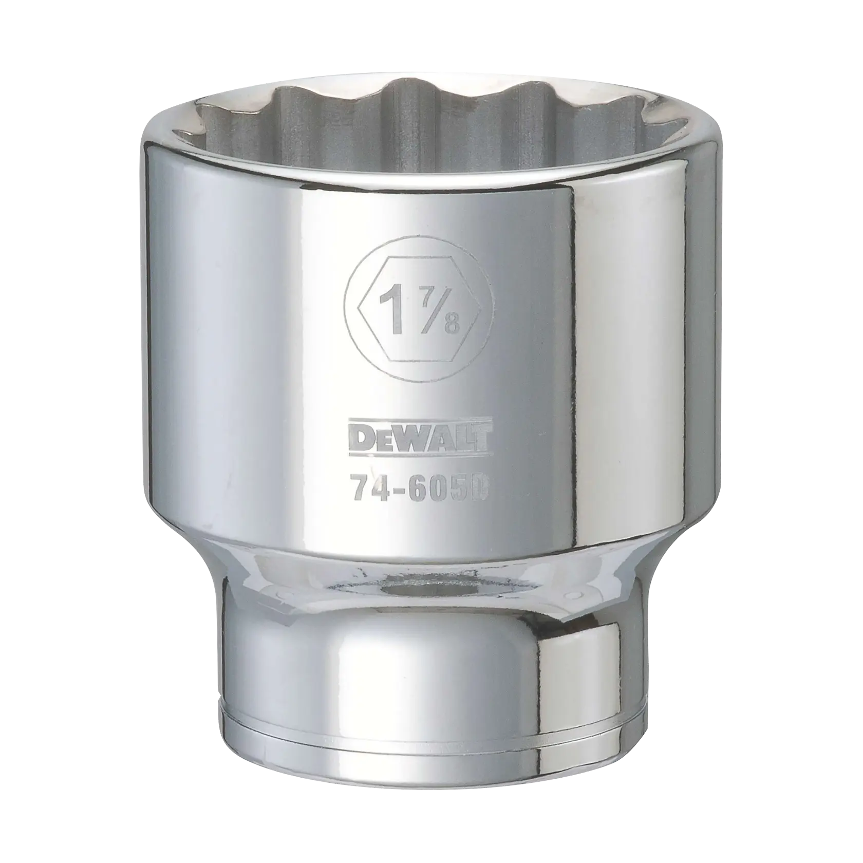 A close-up photo of a metallic DEWALT socket with a 1 7/8 inch size marking and model number 74-6050 engraved on the side.