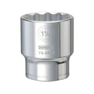 A DEWALT chrome socket with a 1-9/16 inch size marking engraved on the side. The socket is shiny and cylindrical, designed for use with socket wrenches. The DEWALT logo and product code 74-600D are visible on the surface.