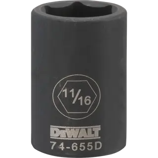 A DEWALT branded deep impact socket with size marking 11/16 and model number 74-655D etched on its surface.