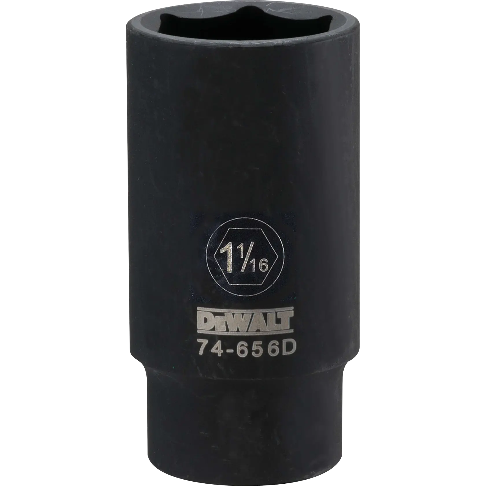 A DEWALT branded deep impact socket with a size marking of 1 1/16 inch and product number 74-656D. The socket is black and cylindrical with hexagonal openings.