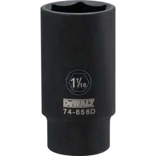 A DEWALT branded deep impact socket with a size marking of 1 1/16 inch and product number 74-656D. The socket is black and cylindrical with hexagonal openings.