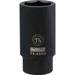 A DEWALT 1 1/8 inch deep impact socket, model number 74-659D, made of black metal and shown upright.