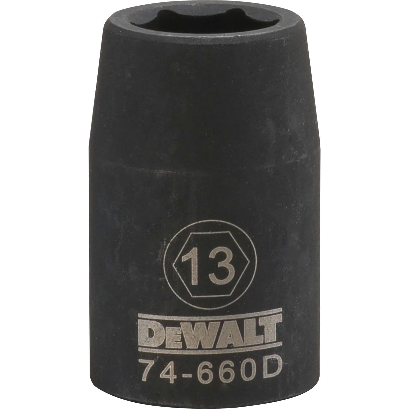 A close-up image of a black DEWALT socket, size 13 millimeters, with 'DEWALT' branding and the model number 74-660D engraved on the side.