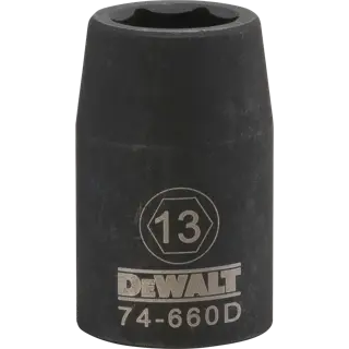 A close-up image of a black DEWALT socket, size 13 millimeters, with 'DEWALT' branding and the model number 74-660D engraved on the side.