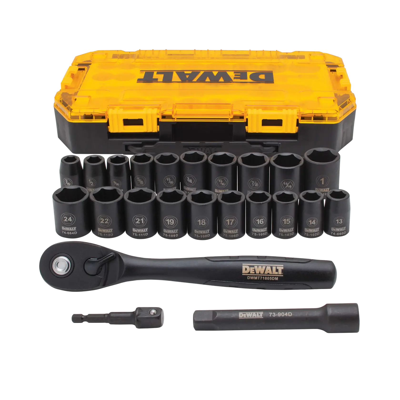 Profile of DEWALT 23 piece drive combination impact socket set with its case.