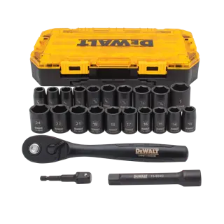 Profile of DEWALT 23 piece drive combination impact socket set with its case.