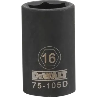 Deep impact socket 16 millimeter socket half in drive 6 point steel black oxide.