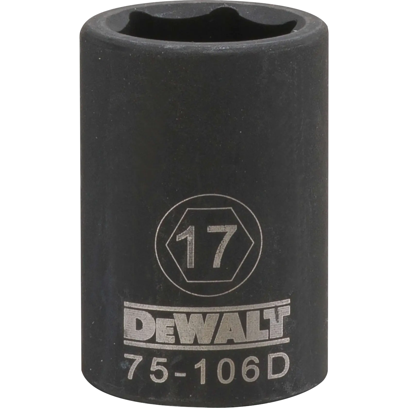 Deep impact socket 17 millimeter socket half in drive 6 point steel black oxide.