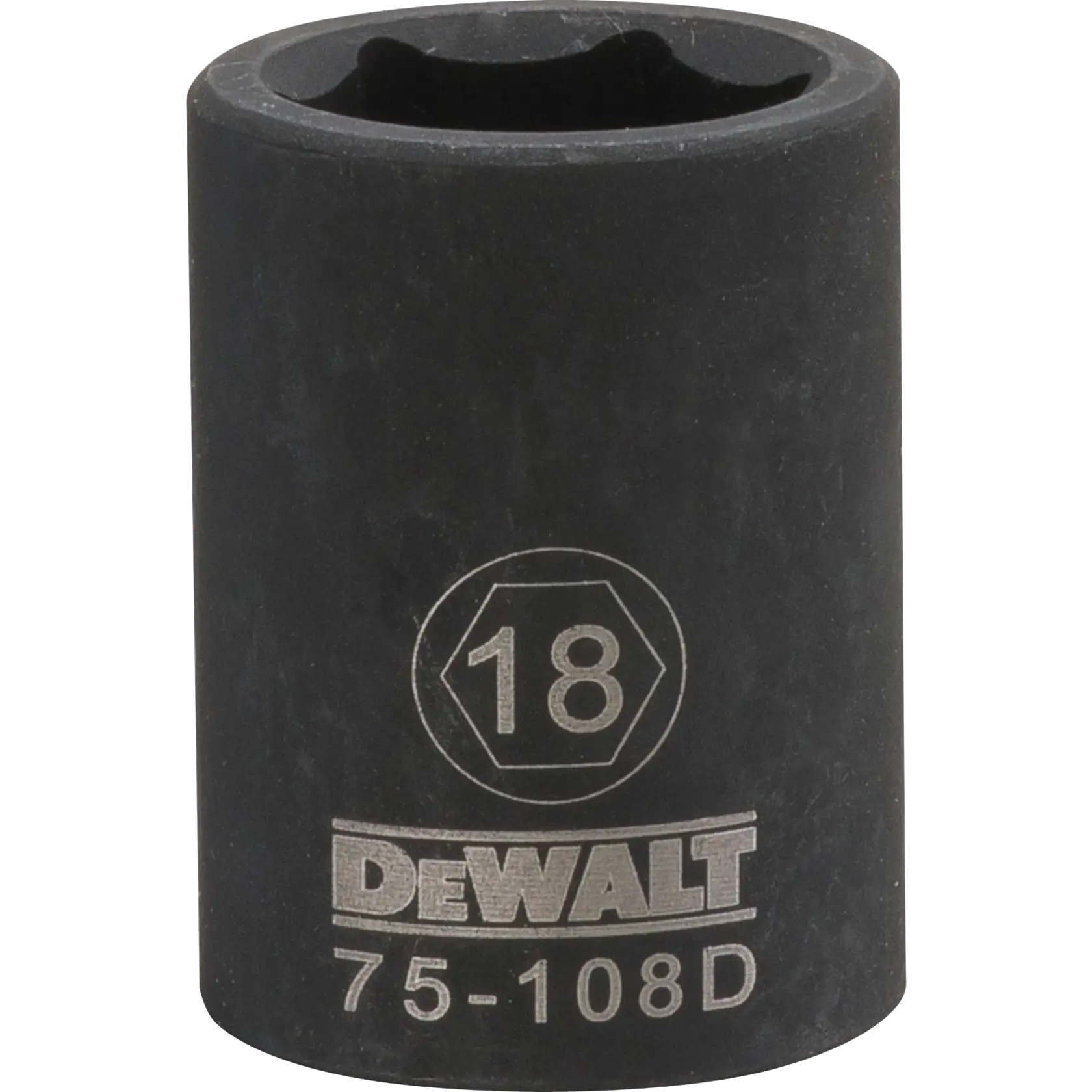 A DEWALT branded 18mm impact socket, cylindrical in shape, black in color, with the model number 75-108D engraved on the surface.