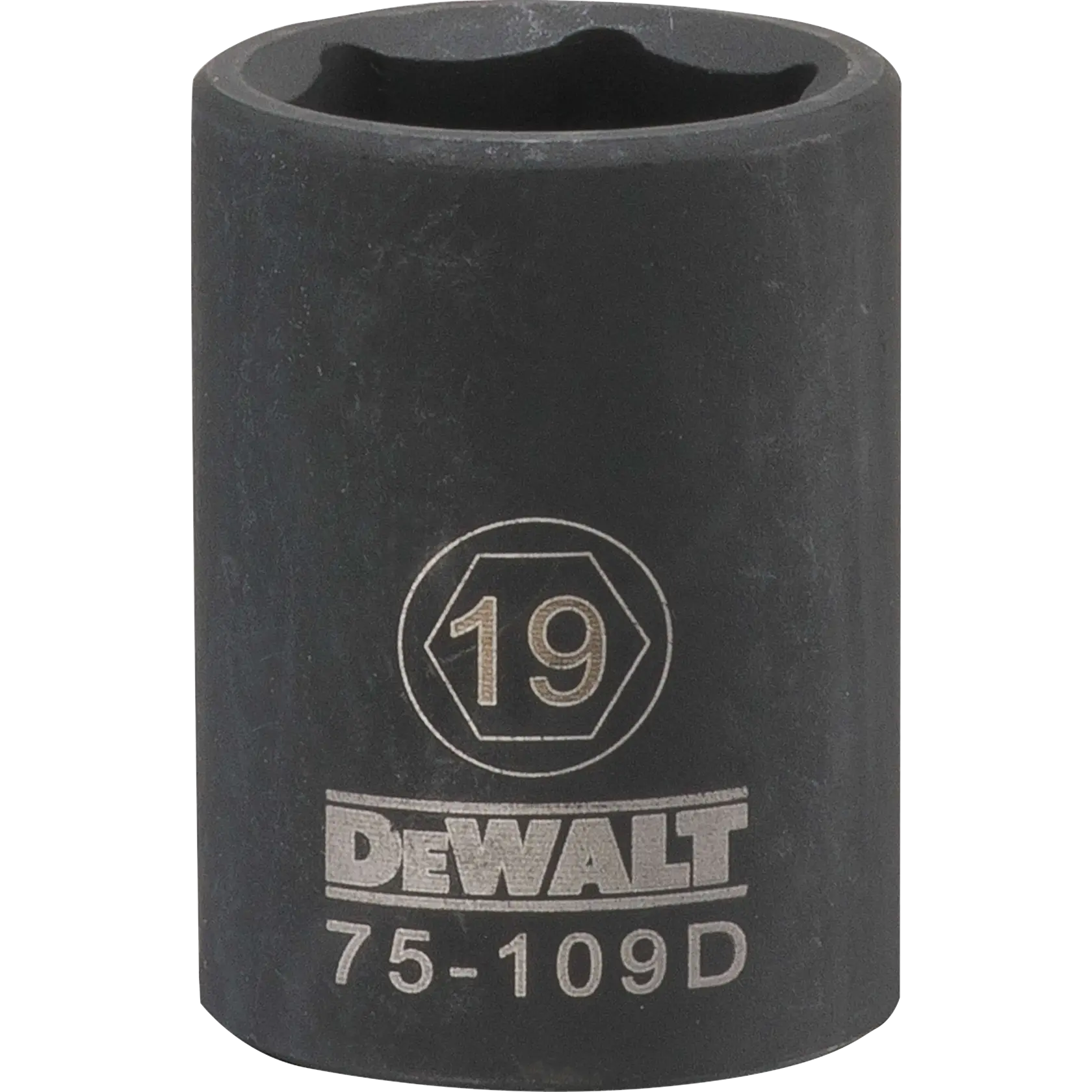Deep impact socket 19 millimeter socket half in drive 6 point steel black oxide.
