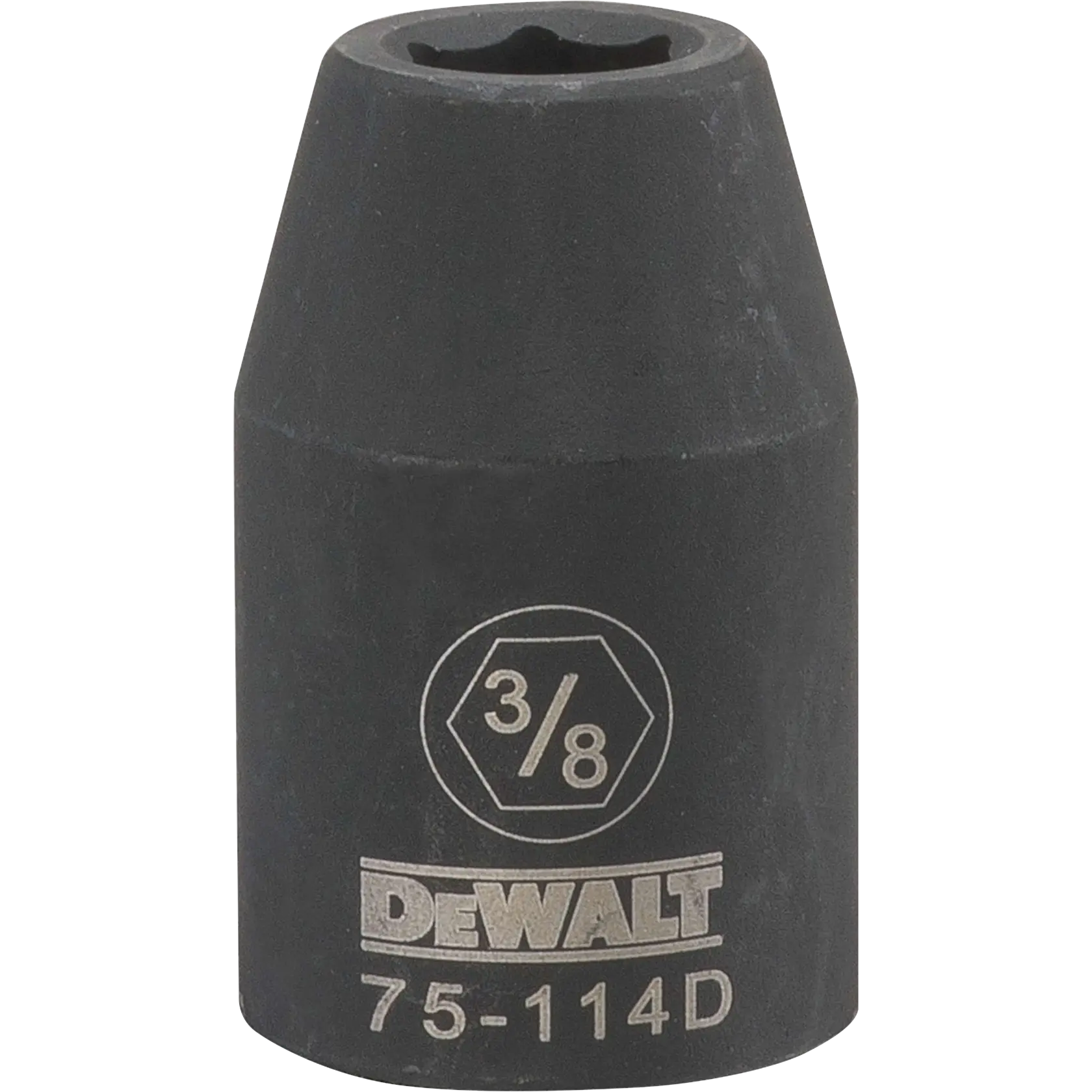 A DEWALT branded black impact socket with the marking '3/8' and the code '75-114D' printed on the side.