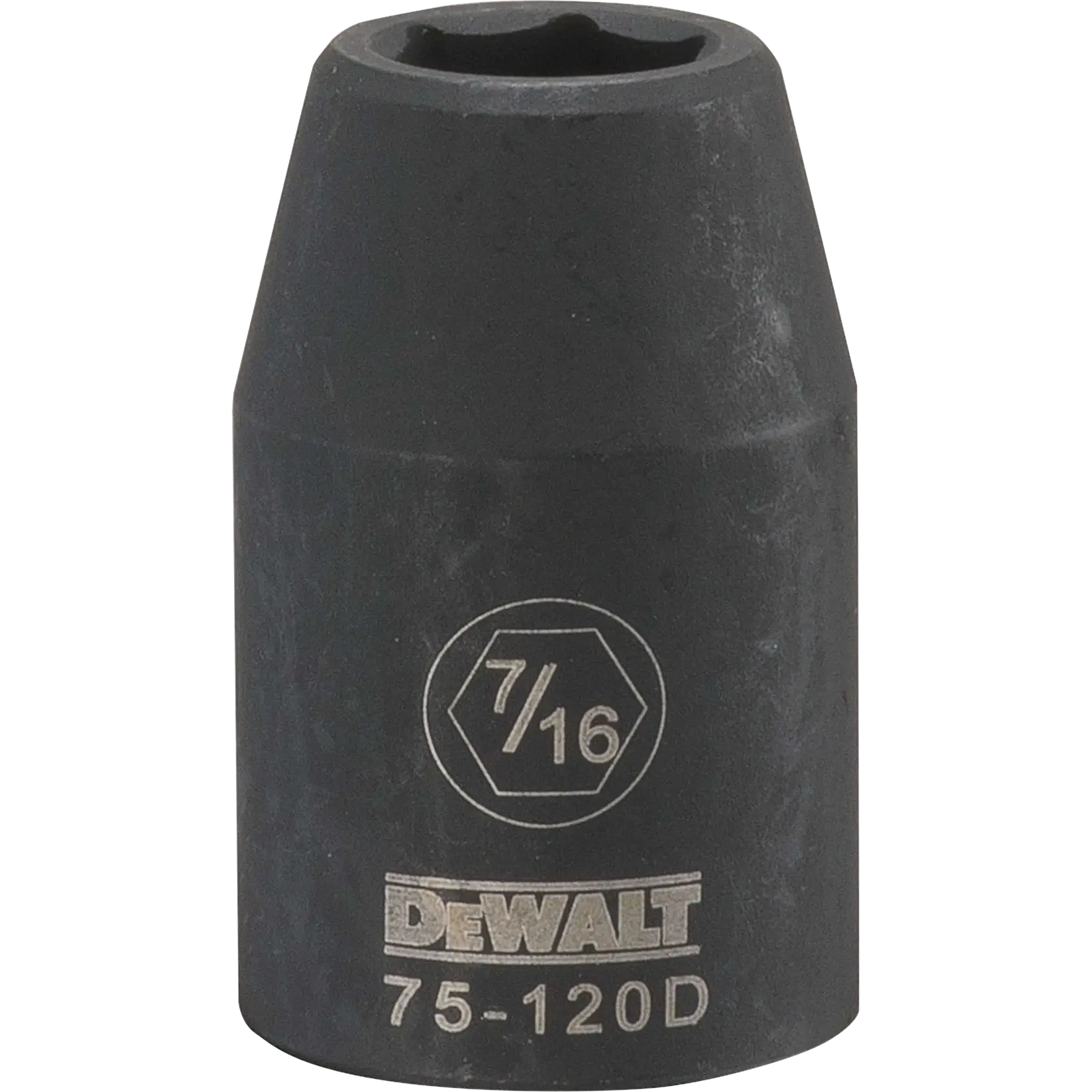 A DEWALT 7/16 inch impact socket with model number 75-120D. The socket is black and cylindrical, with engravings showing the DEWALT logo, socket size, and model number.