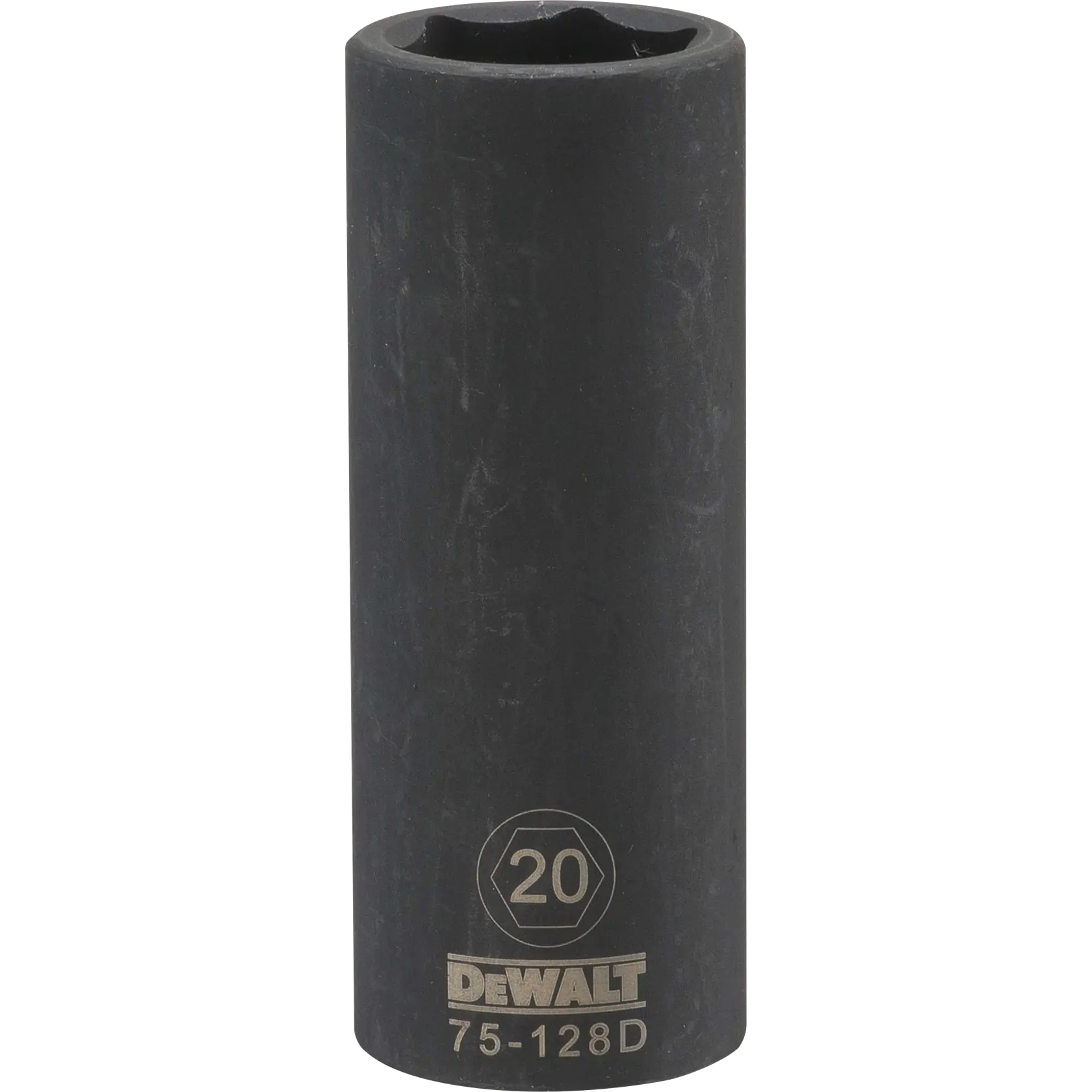 A DEWALT 20mm deep impact socket, model 75-128D, shown upright with the branding and specifications visible in white on the black metal surface.