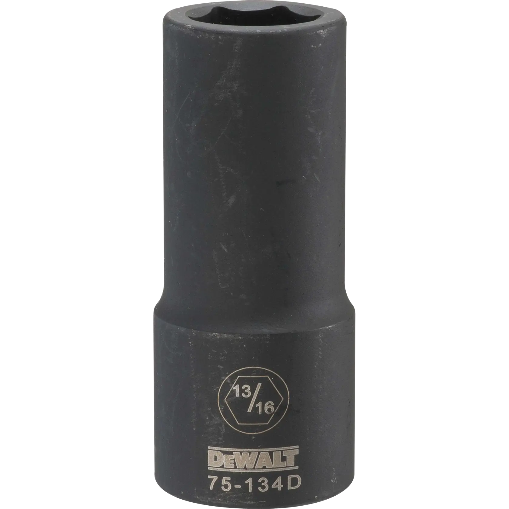 A DEWALT deep socket tool, size 13/16 inch, with the model number 75-134D engraved on its black surface.