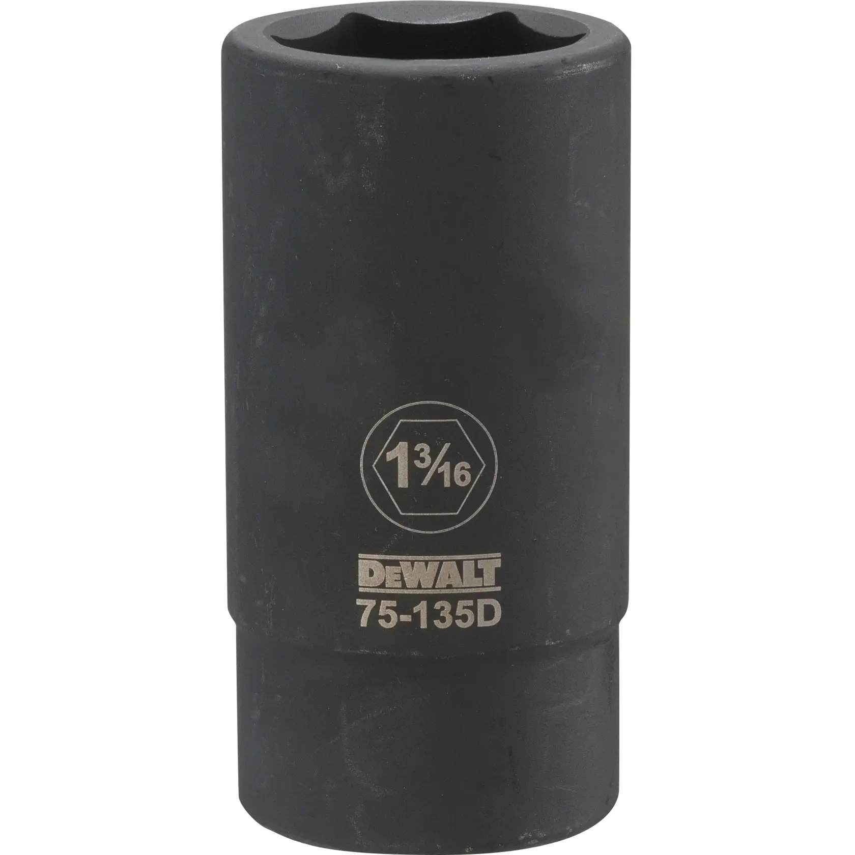 A DEWALT branded deep impact socket, size 1 3/16 inch, model number 75-135D, made of durable black metal.