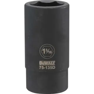 A DEWALT branded deep impact socket, size 1 3/16 inch, model number 75-135D, made of durable black metal.