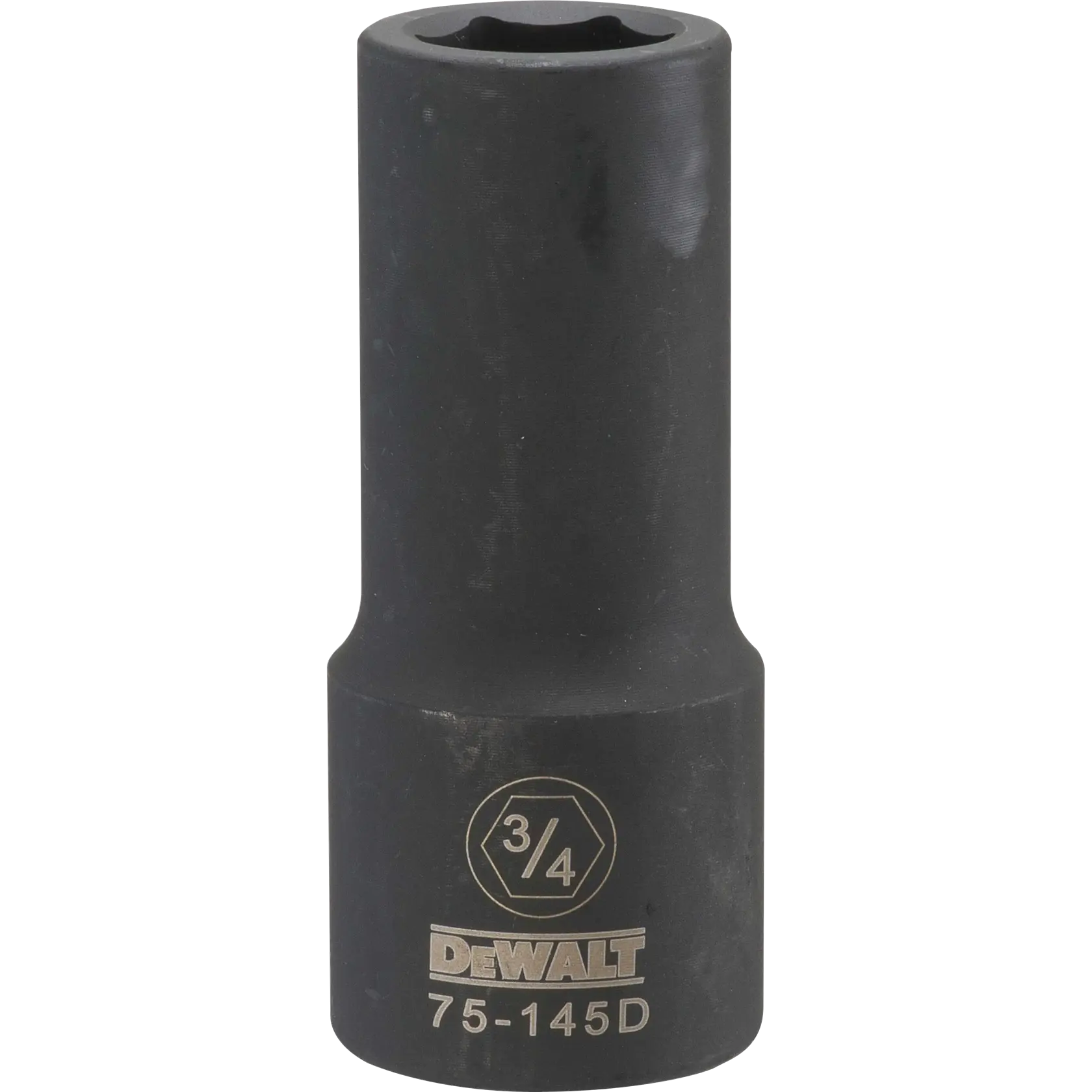 A DEWALT branded deep impact socket with a 3/4 inch size, model number 75-145D, shown upright against a white background.