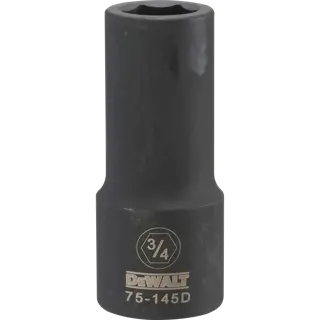 A DEWALT branded deep impact socket with a 3/4 inch size, model number 75-145D, shown upright against a white background.