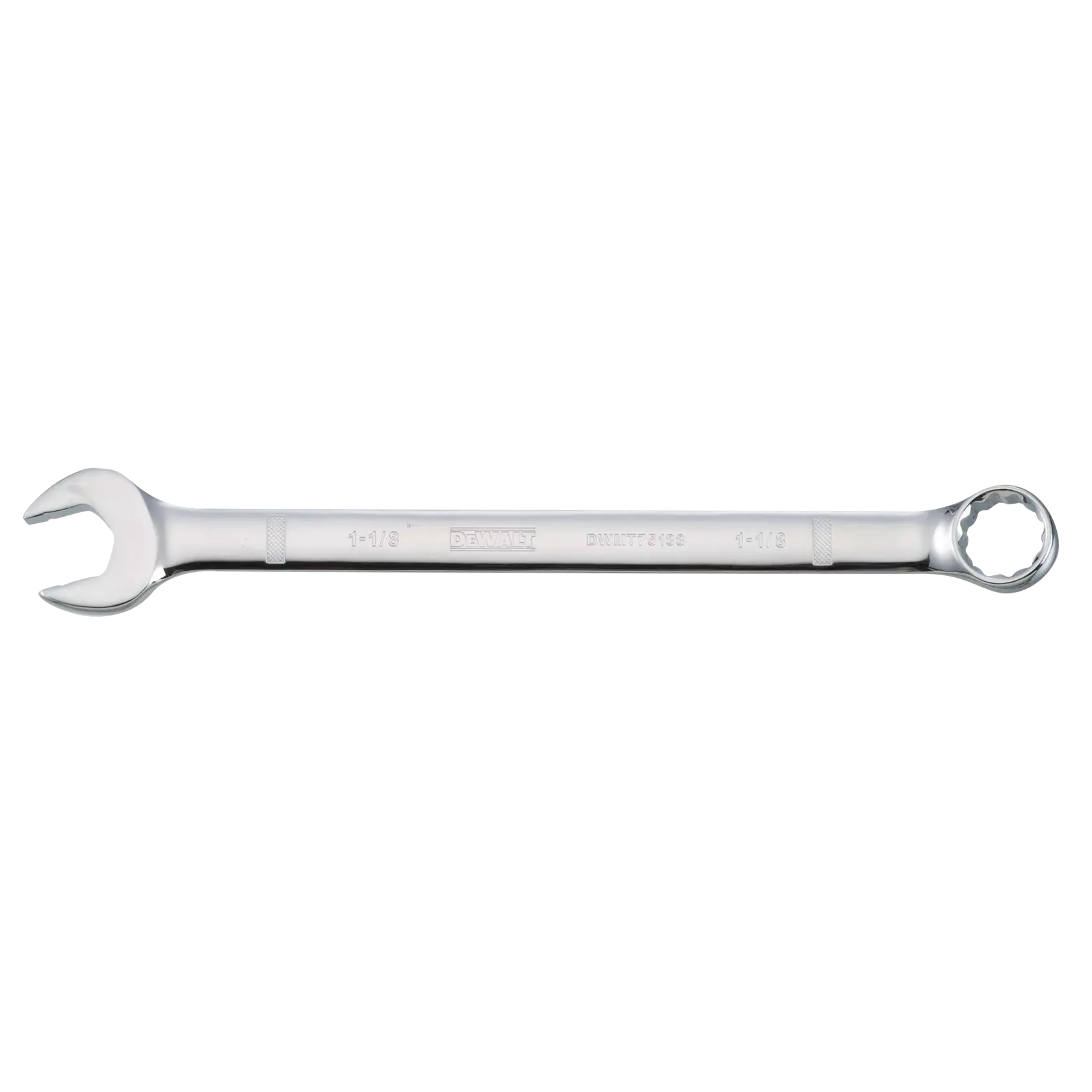 A DEWALT combination wrench with an open end and a box end, made of polished metal and shown on a white background.