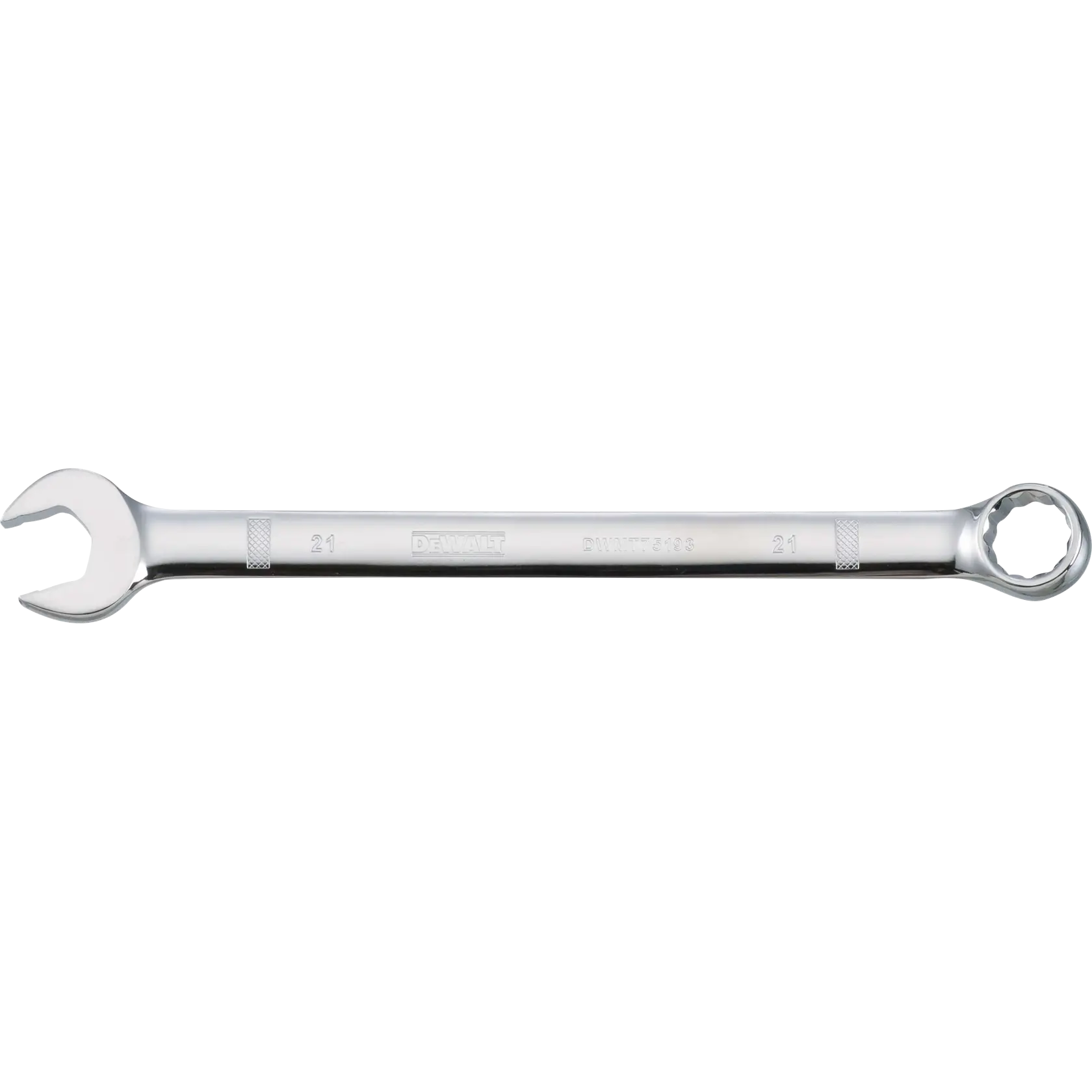 A DEWALT combination wrench with a chrome finish, featuring an open end on one side and a closed, ratcheting end on the other. The tool is labeled with size 21 and model DWMT75193.