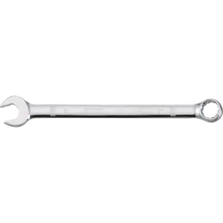 A DEWALT combination wrench with an open end and a box end, made of polished metal. The wrench is laid out horizontally against a white background.