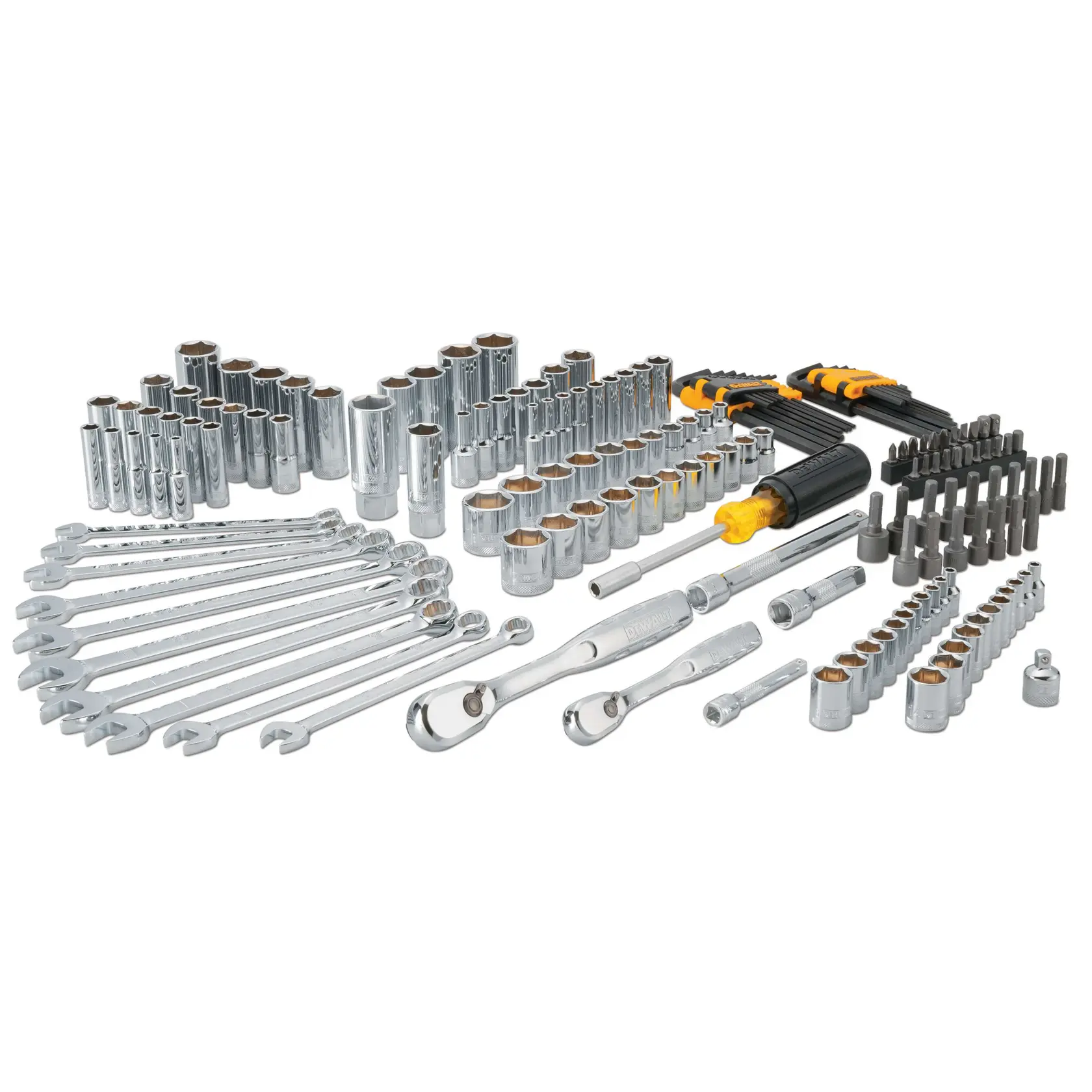 A DEWALT mechanic tool set displayed with various chrome sockets, wrenches, ratchets, hex keys, screwdriver bits, and extensions, arranged neatly on a white background.