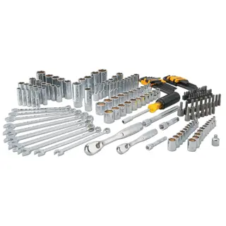 A DEWALT mechanic tool set displayed on a white background. The set includes various sockets, wrenches, ratchets, hex keys, screw bits, and a driver. All components are neatly arranged and made of polished metal, with some tools featuring yellow and black handles.