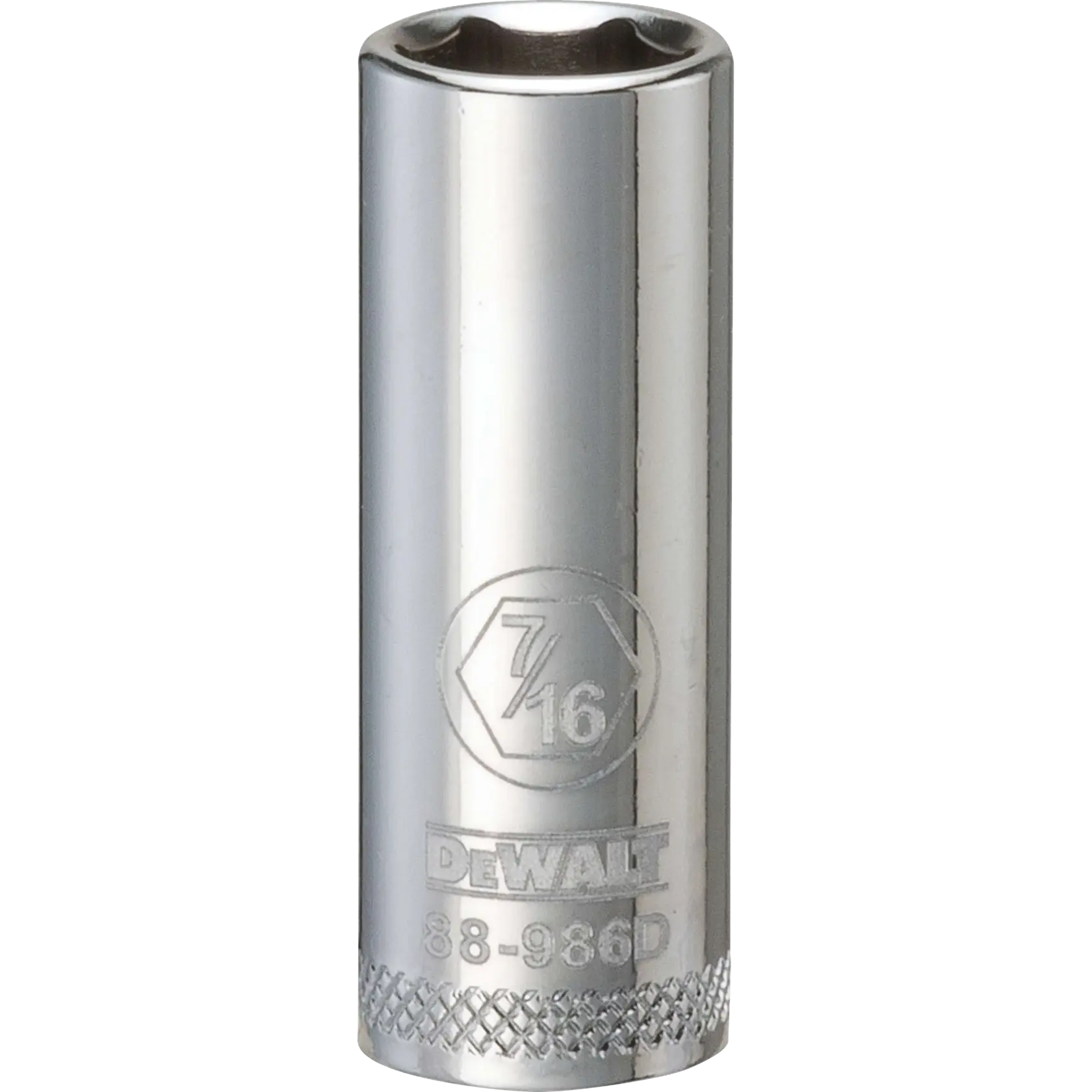 A close-up image of a DEWALT 7/16 inch socket with a shiny metallic finish. The socket displays the DEWALT brand, the size marking, and an engraved product number near the bottom.