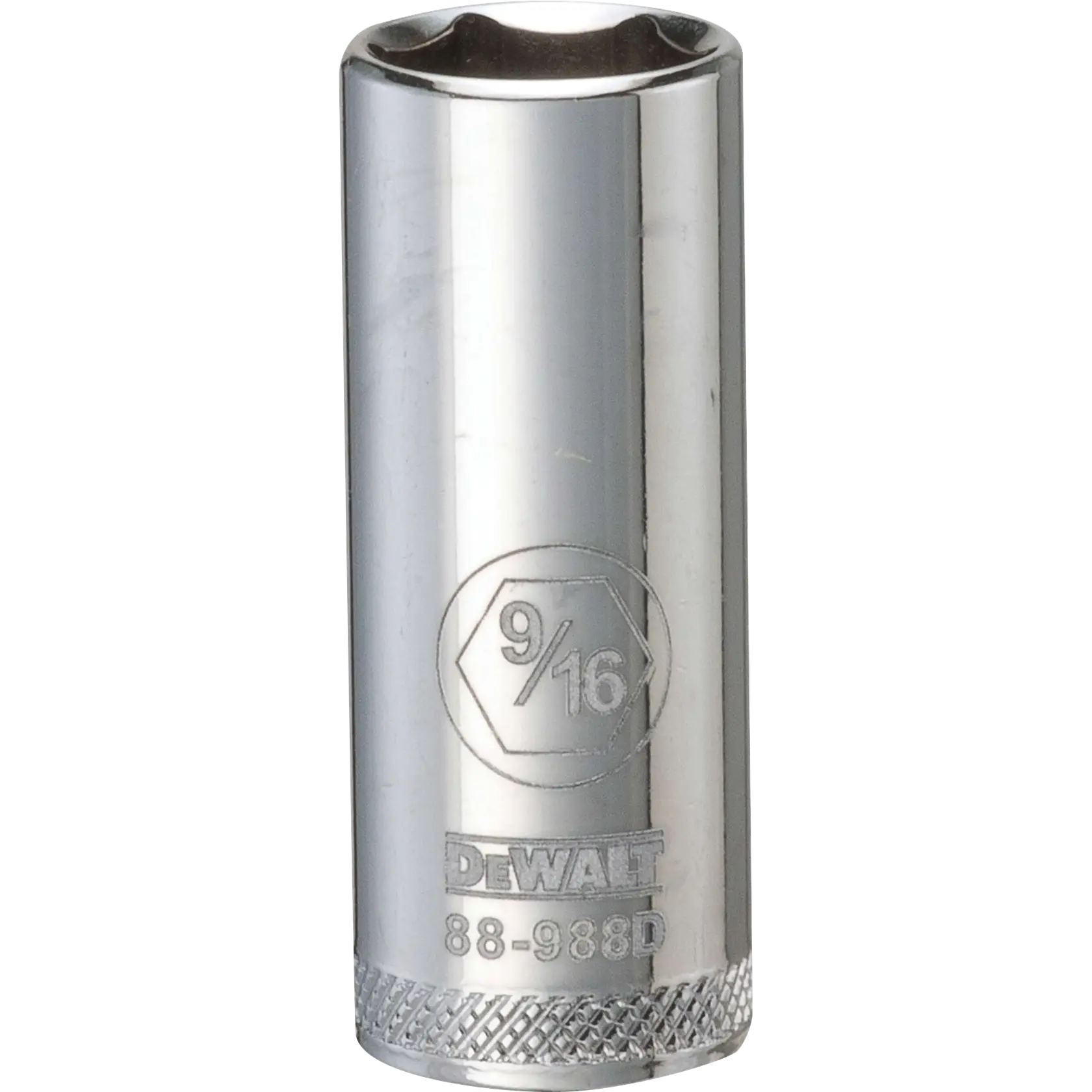 A close-up of a DEWALT 9/16 inch deep socket, made of polished metal, with engraved markings showing the brand and size.