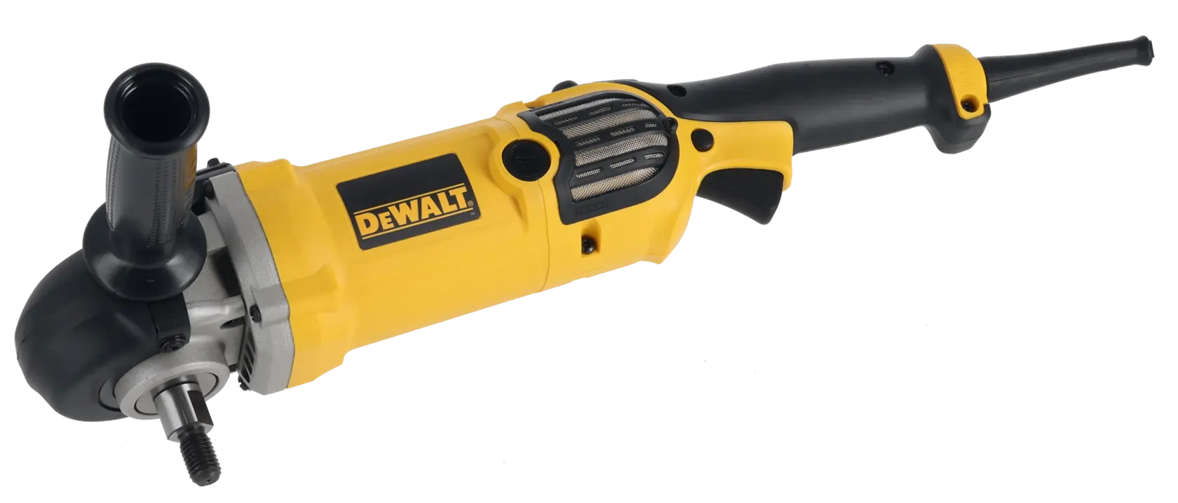 A DEWALT power tool, specifically a yellow and black handheld polisher, with a side handle attachment.