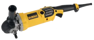 A DEWALT branded electric polisher with a yellow and black body, a side handle for better grip, and an exposed spindle for attaching polishing or buffing pads. The tool is shown isolated on a white background.