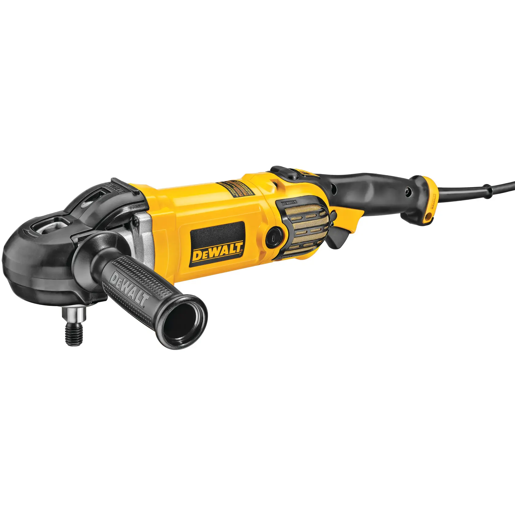 A DeWalt corded electric angle grinder with a yellow and black body, side handle, and visible power cable.