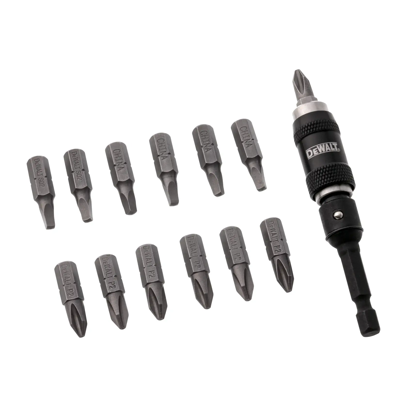 A DEWALT branded screwdriver bit set featuring a bit holder and twelve interchangeable bits, arranged in two rows on a white background.