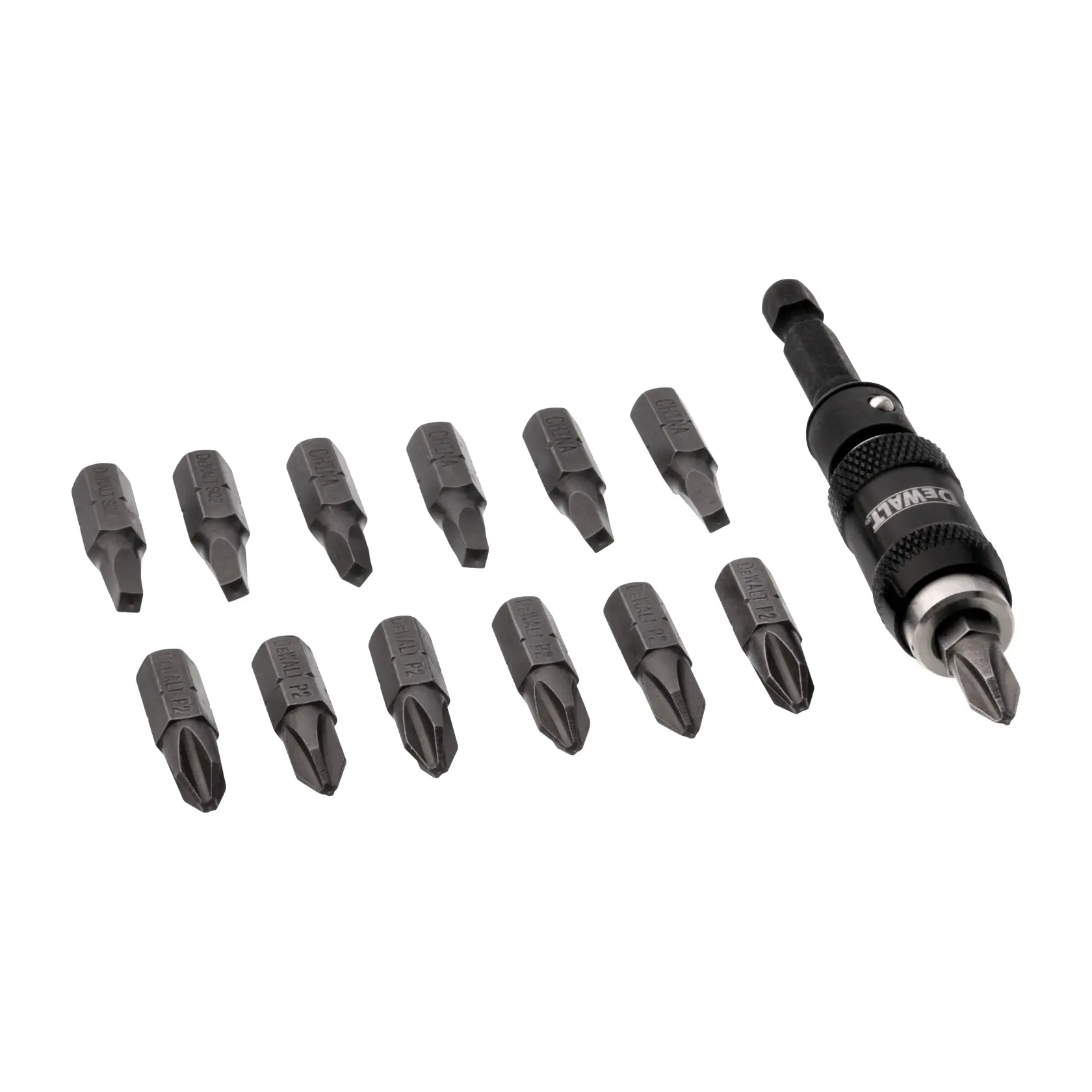 A DEWALT set of screwdriver bits and a bit holder, featuring twelve interchangeable bits with different shapes and sizes arranged in two rows, and a black DEWALT bit holder with an attached bit on the right side.