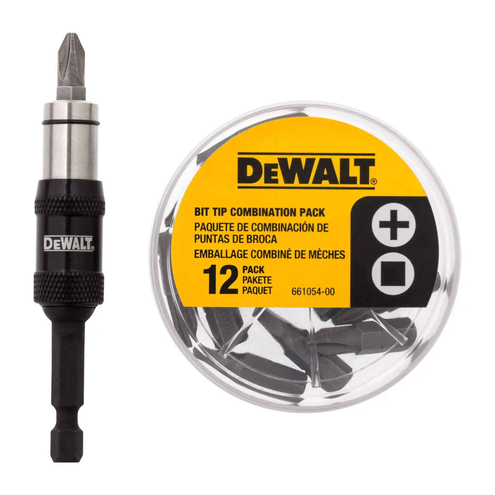A DEWALT bit tip combination pack. The image shows a DEWALT branded bit holder and a round plastic container with a yellow label containing 12 assorted bit tips for screwdriving. The label includes product information in English, Spanish, and French.