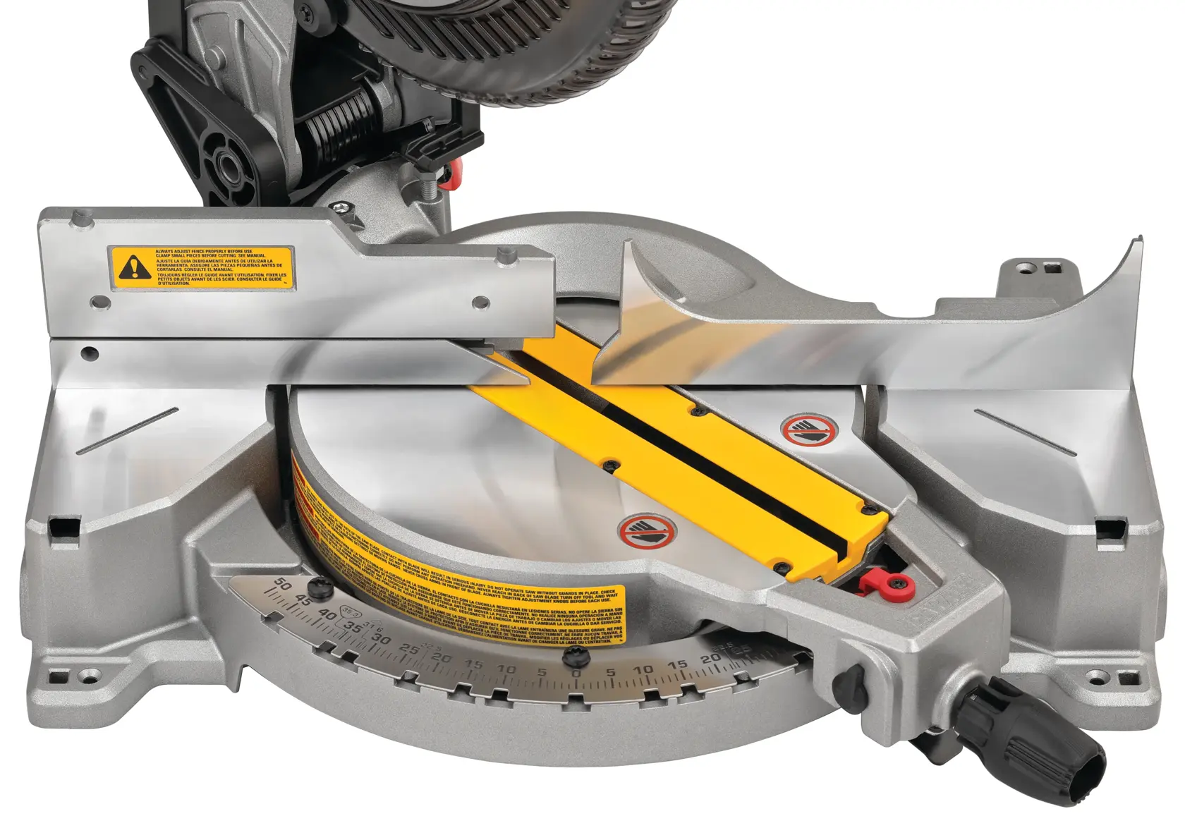 Close up of miter system of electric single bevel compound miter saw.