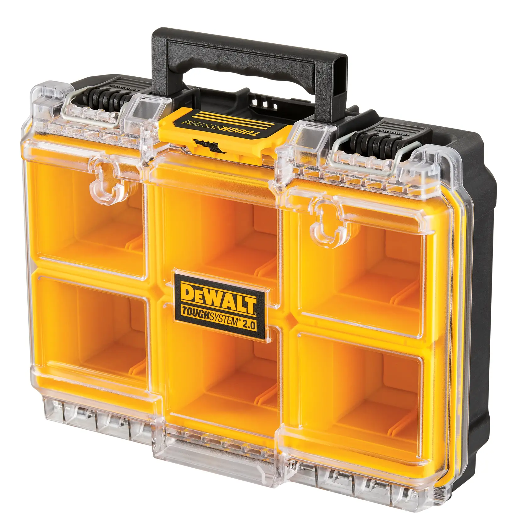 A DEWALT ToughSystem 2.0 portable organizer with six yellow compartments, a transparent lid, and a black handle.