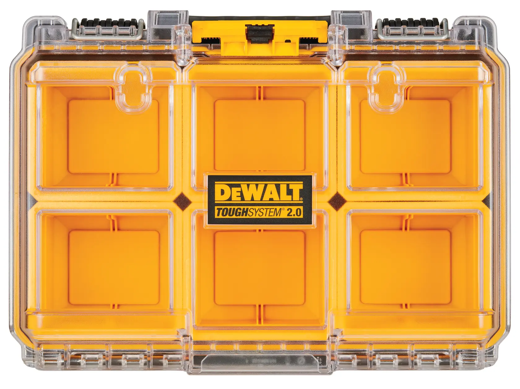 Front view of a DEWALT ToughSystem 2.0 organizer case with a transparent lid and six bright yellow compartments, designed for storing small parts or tools.