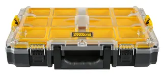 DEWALT plastic organizer case with yellow compartments, a transparent lid, and a black handle, suitable for storing small tools or hardware.