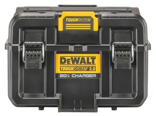 Front view of a DEWALT ToughSystem 2.0 20V charger case, black with yellow accents and secure metal clasps, designed for tool and battery storage and charging.