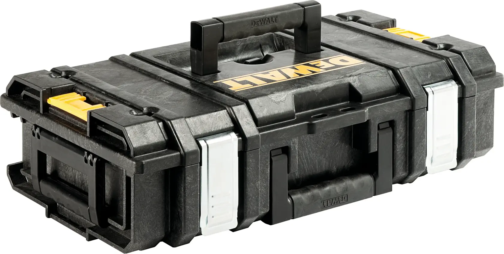 A black DEWALT toolbox with a sturdy handle, metal latches, and yellow details, designed for secure storage and transport of tools.